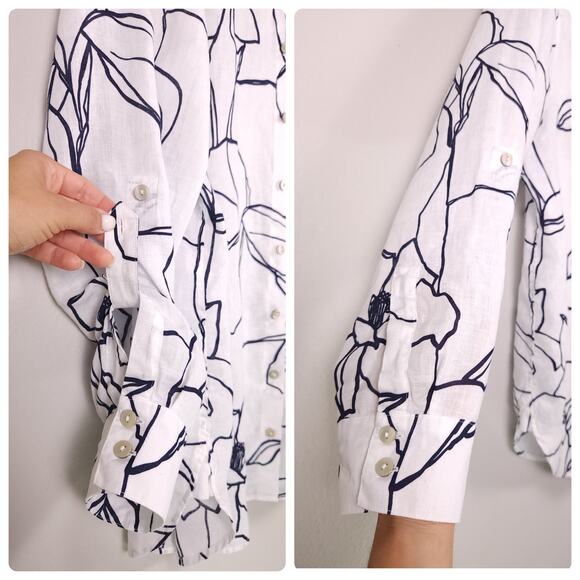 Chico’s 100% Linen Floral Button Front Tunic White Black Size 2 (US 12) - Picture 12 of 13